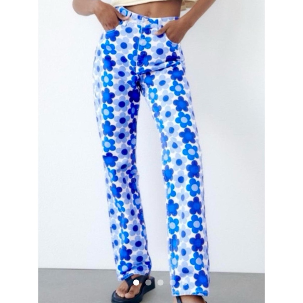 Zara Blue Floral Patterned DenimPants